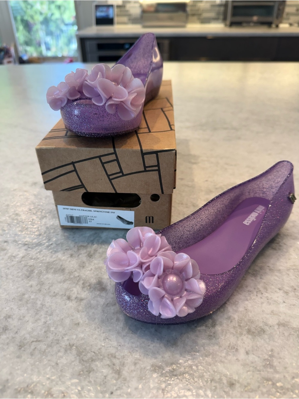 Mini Melissa Glitter Purple Jelly Flats with Pink Flower Accents